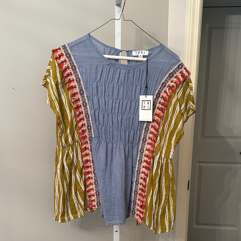 THML Blue, Olive & Red Mixed-Print Blouse